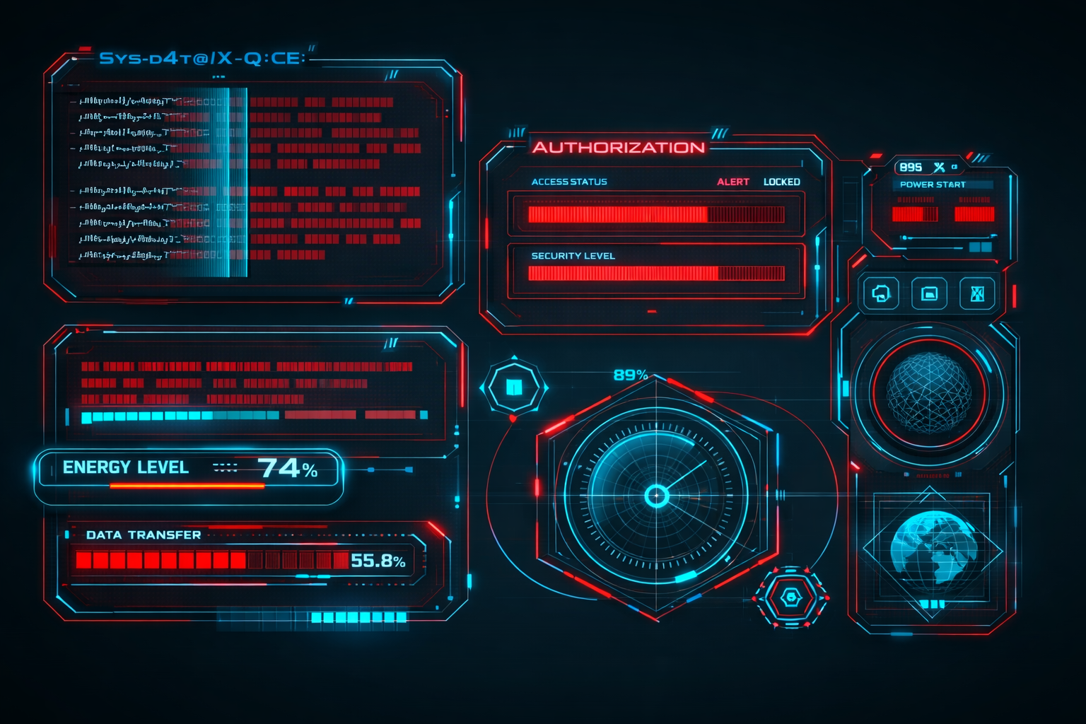 Interface futurista Sci-Fi UI com painéis holográficos vermelhos e azuis, gráficos digitais, radar tecnológico e indicadores de energia em uma tela cyber tecnológica
